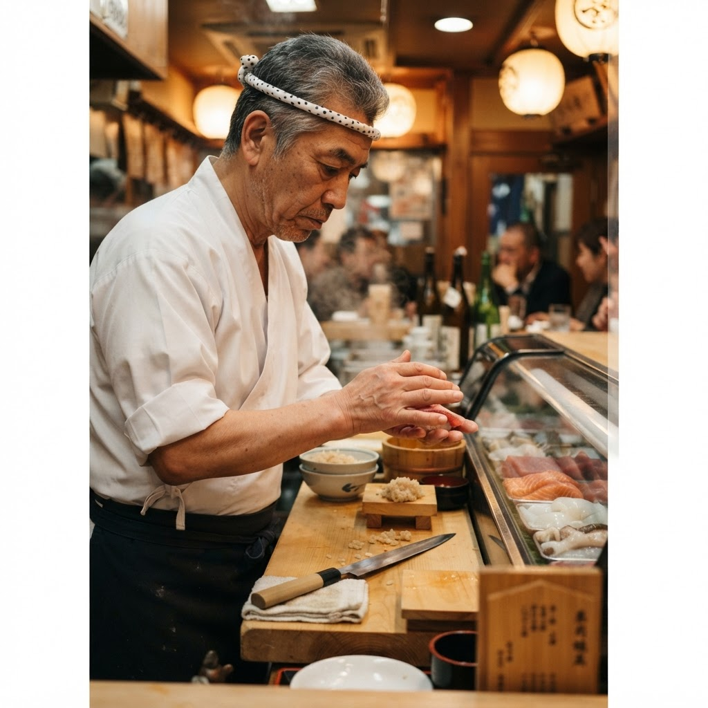 Sushi master chef preparing fresh sushi at Sakura